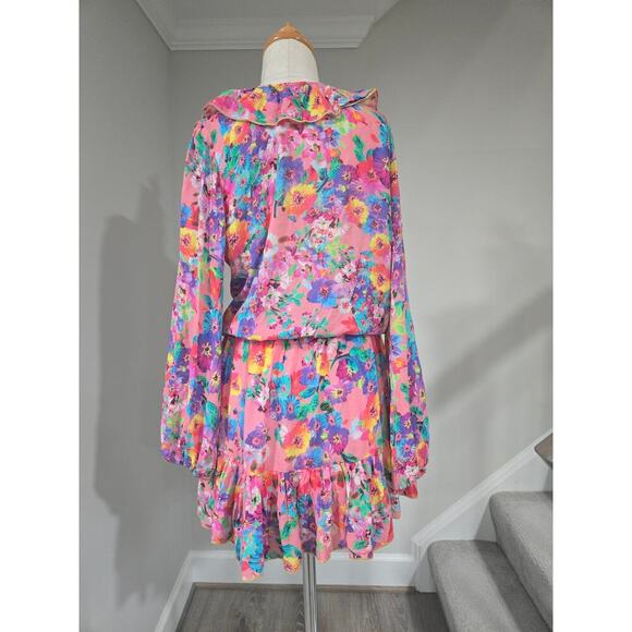 Luli Fama Ruffled Deep V Frill Hem Floral Party Dress size S - Picture 3 of 6